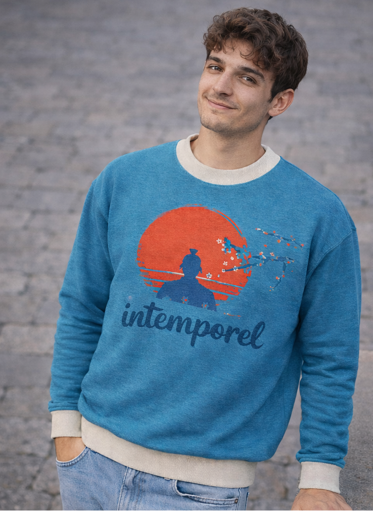 Sweat tricoté unisexe bleu blanc et rouge « Intemporel » – col ras du cou