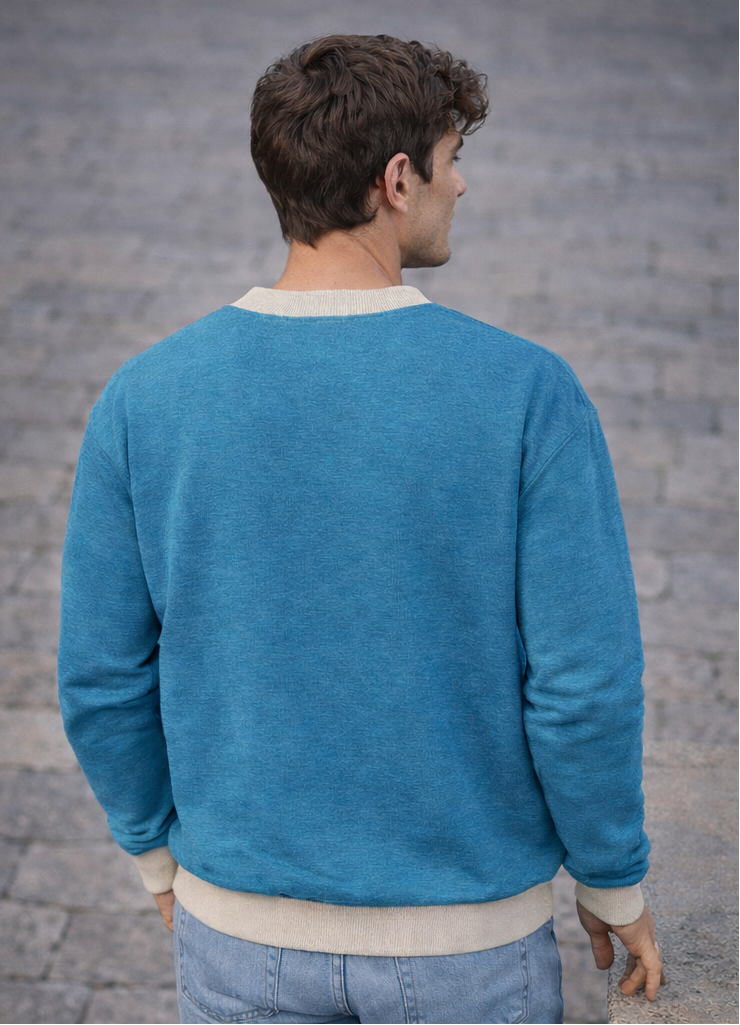 Sweat tricoté unisexe bleu blanc et rouge « Intemporel » – col ras du cou