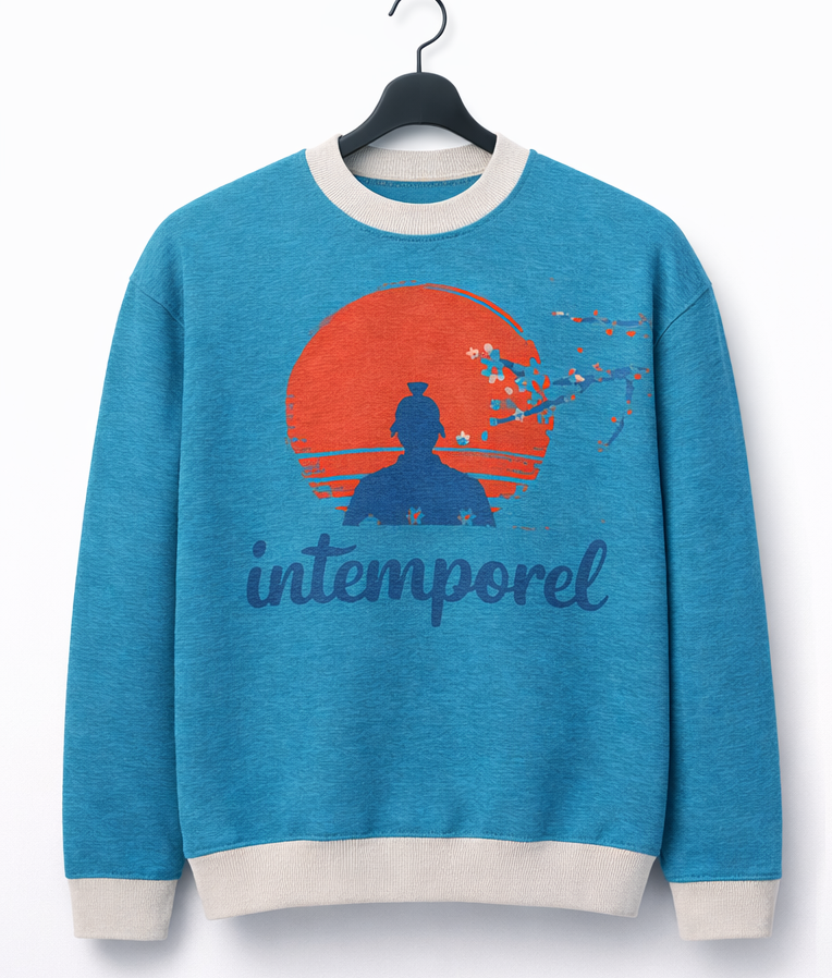 Sweat tricoté unisexe bleu blanc et rouge « Intemporel » – col ras du cou