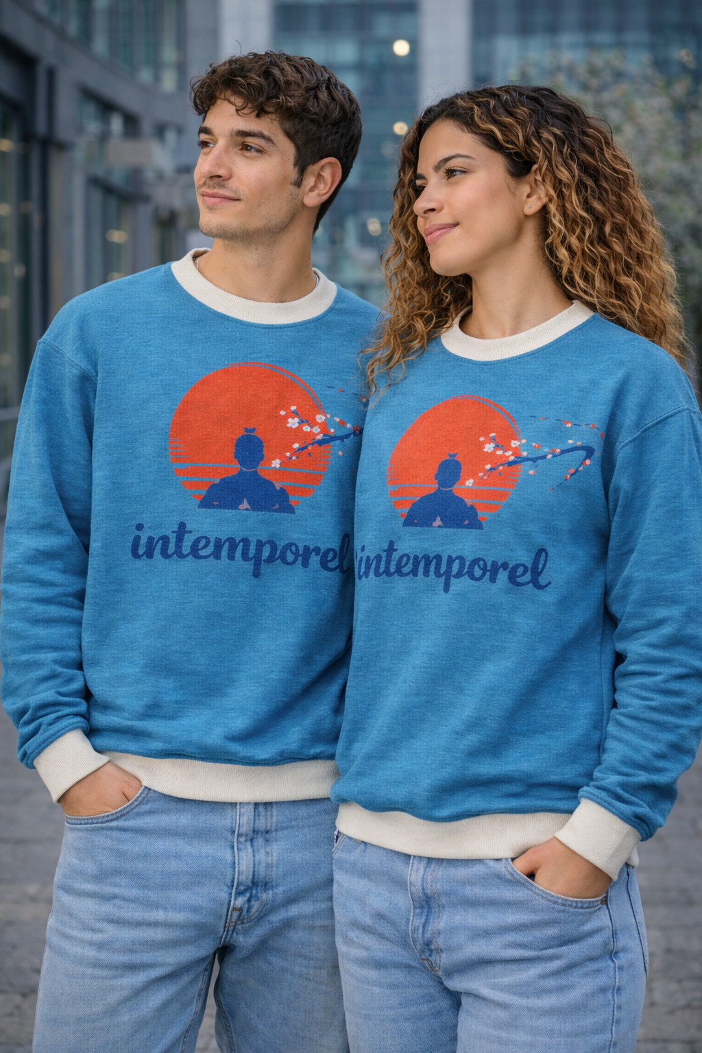 Sweat tricoté unisexe bleu blanc et rouge « Intemporel » – col ras du cou